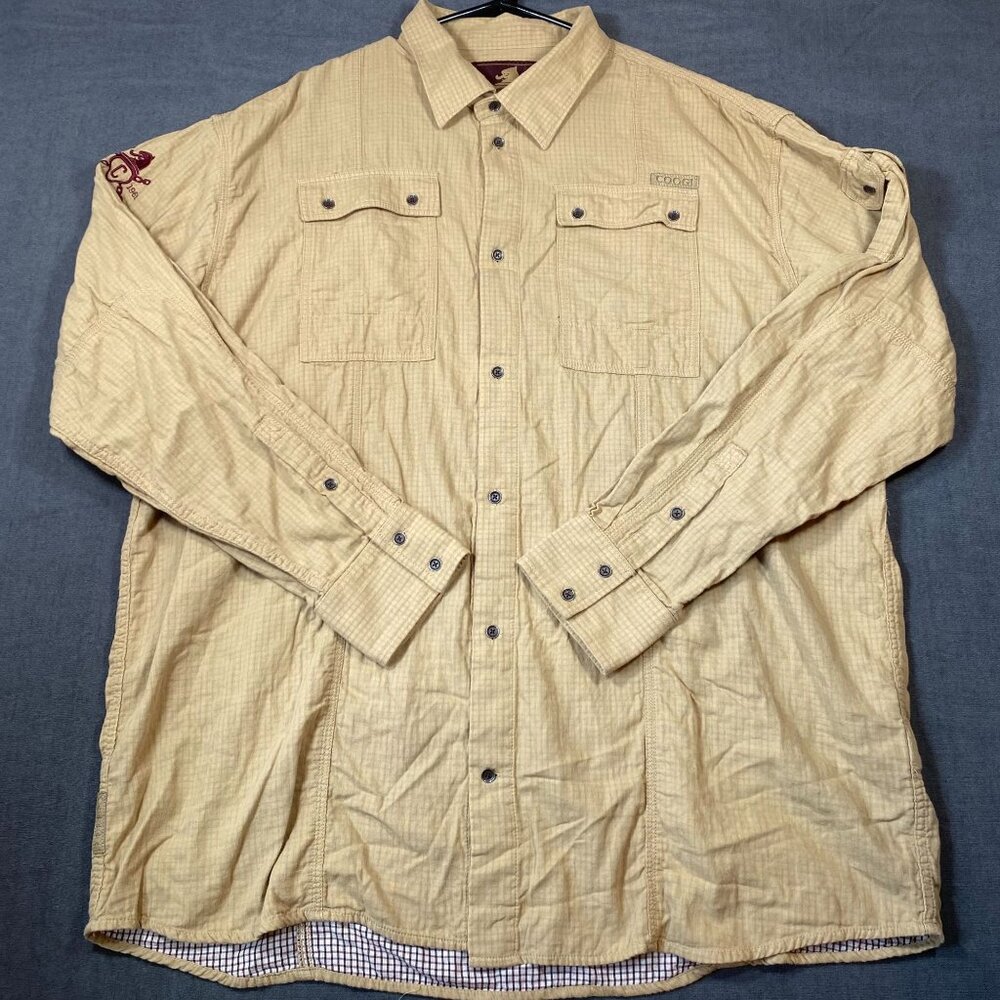 Coogi Mens Beige Long-Sleeve Button-Up Shirt 4XL 100% Cotton Casual Checked